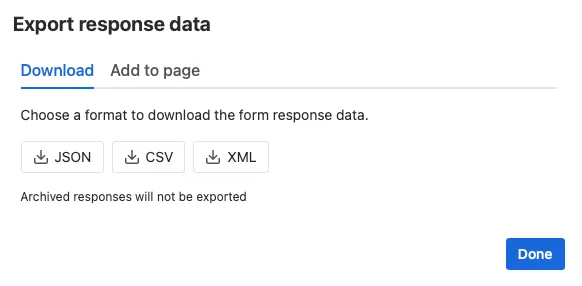 Export window showing available file formats and options for exporting form response data.