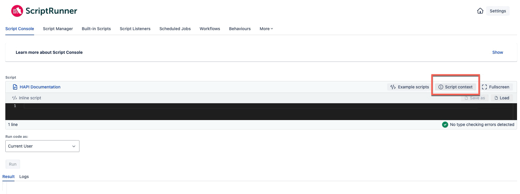 Script Console editor with the Script Context button highlighted in the toolbar.