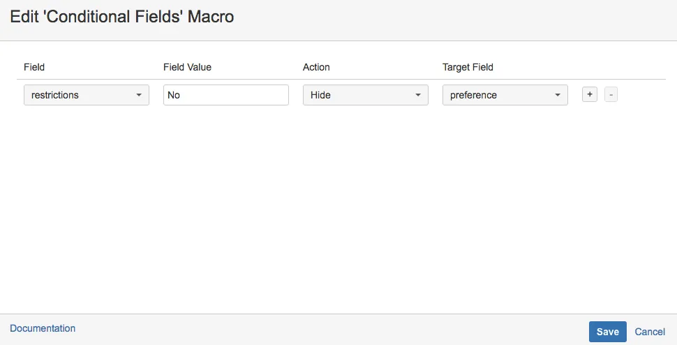 Conditional Fields macro configuration dialog showing options for Field, Field Value, Action, and Target Field