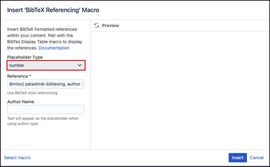 Macro editor showing the BibTeX entry type set to number