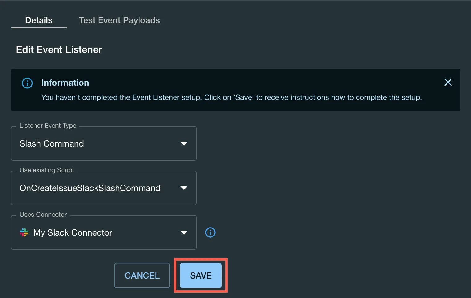 The Save button highlighted in the Edit Event Listner screen.