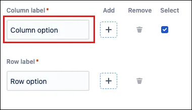 Column label field with the default text “Column option” highlighted for editing
