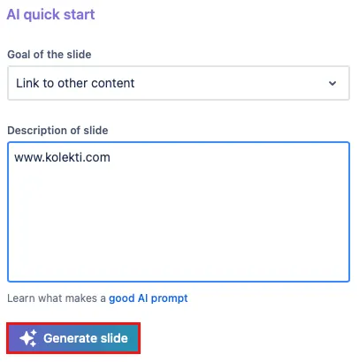 Generate slide button highlighted in the slide editor with AI options visible