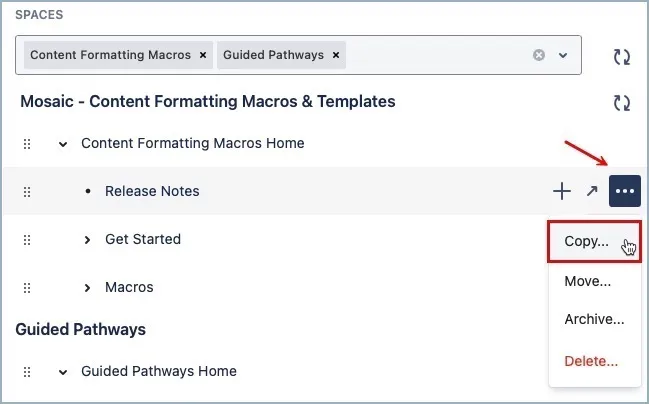 Page menu with the menu icon expanded and the Copy option highlighted
