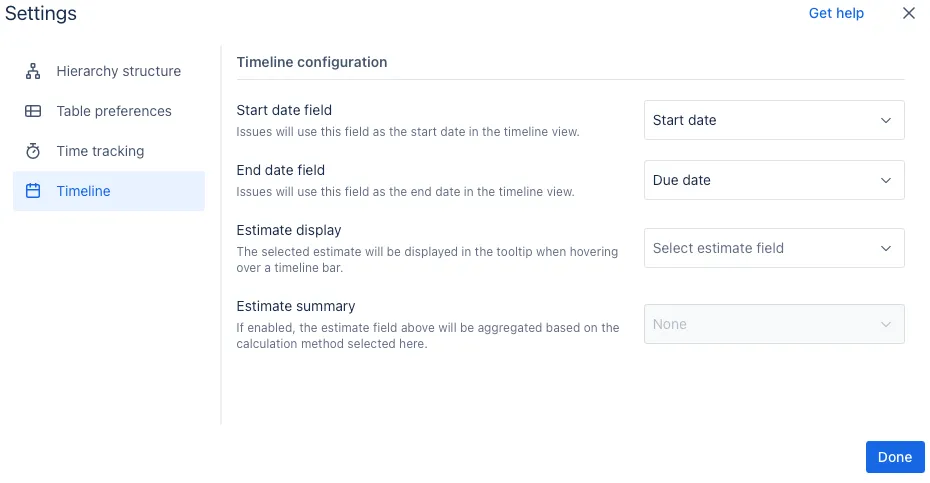 A screenshot showing the Tineline settings options in the Settings modal window.
