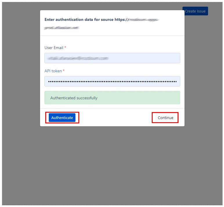 Confluence TMC macro authorization dialog with Continue button highlighted
