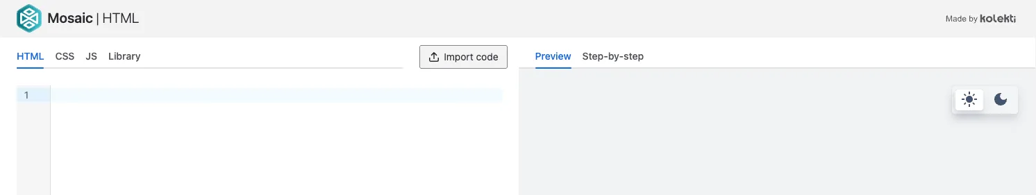 Macro editor window showing HTML, CSS, and JS tabs with the Import Code option highlighted