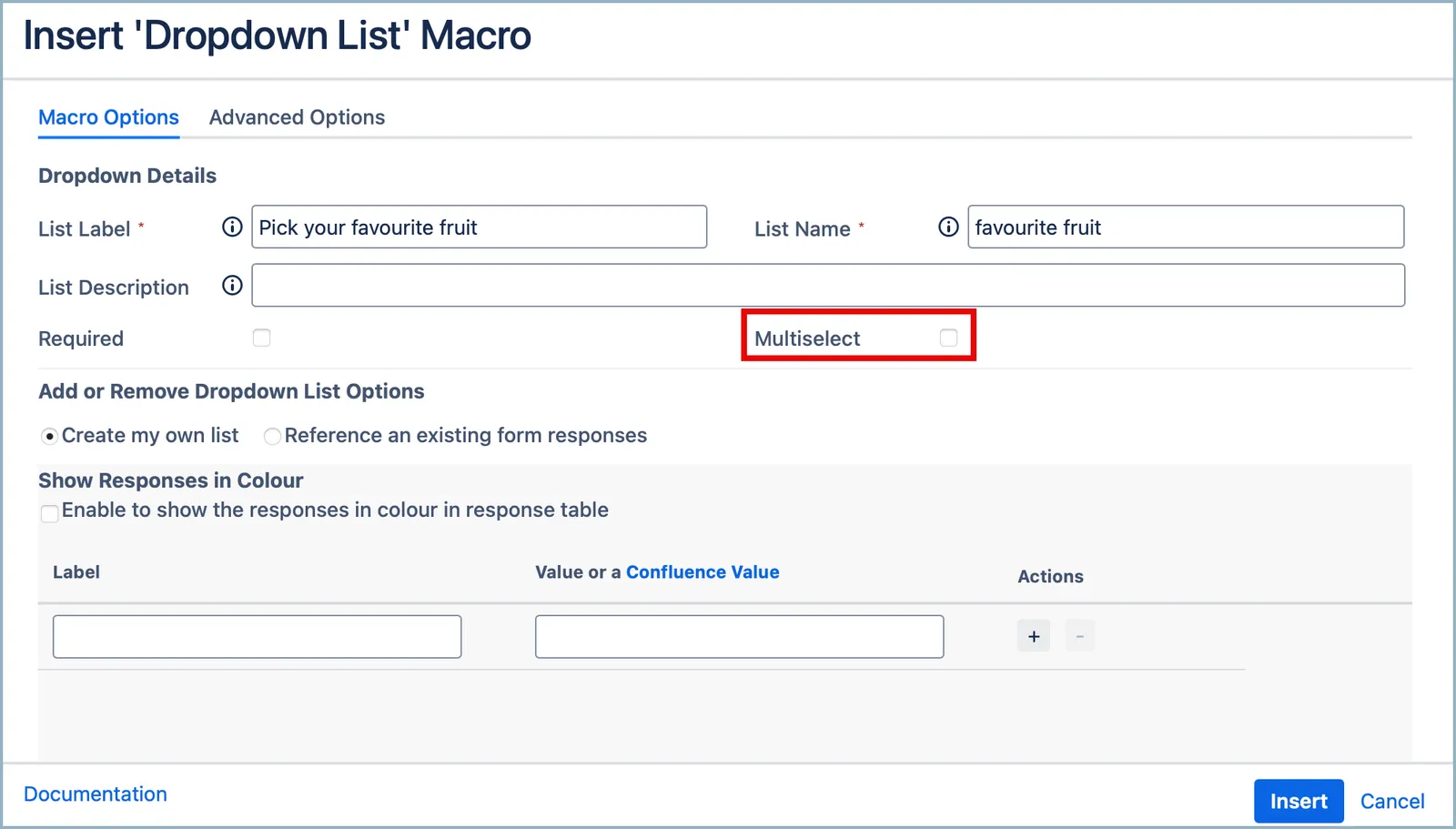 Selecting the Multiselect option in the dropdown configuration.