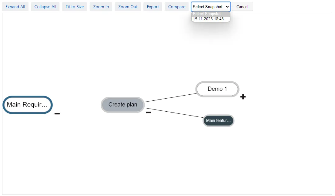 Dialog listing available snapshots for comparison, with options to select a snapshot and view its details