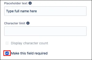 Form editor showing the Make this field required checkbox selected for a Short answer name field