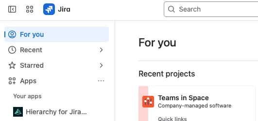 A screenshot showing Hierarchy for Jira Cloud in the App section of the Jira menu.