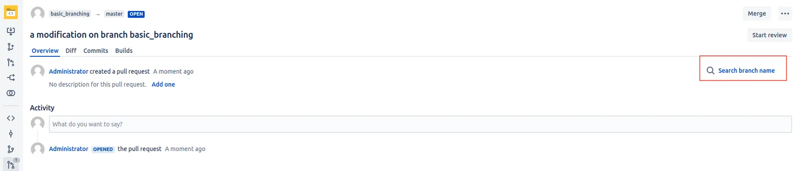 Pull request page showing the Search Branch Name button on the right side