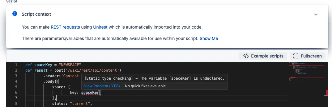 An example "error indicator" line in the Code Editor.