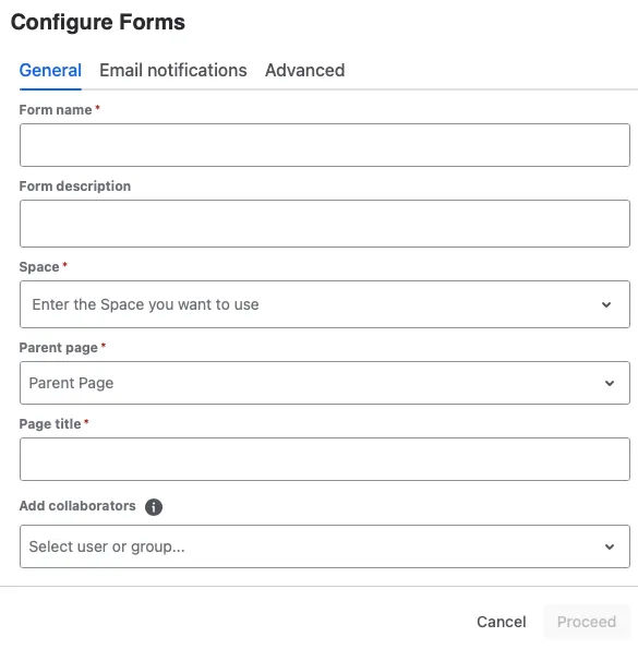 Screenshot of the Form Configuration window showing fields for Name, Description, Location, and sharing options.
