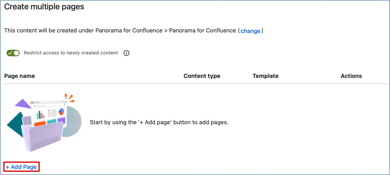 Use the + Add page button to define names for each new page in the Create multiple pages dialog.