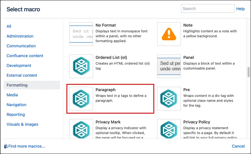 Macro Browser showing the Paragraph macro selected