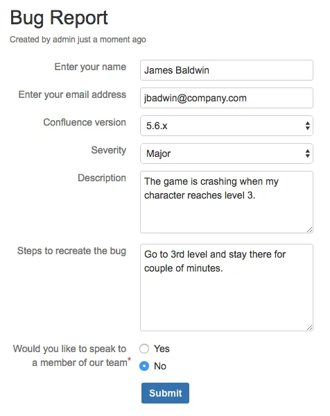 Example bug report form embedded in a Confluence page