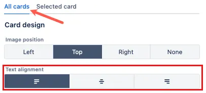 Text alignment options on All cards tab.