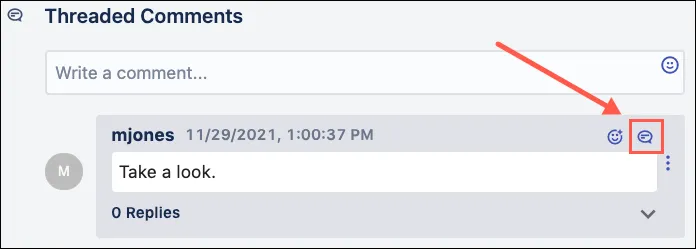Reply button icon displayed below a threaded comment