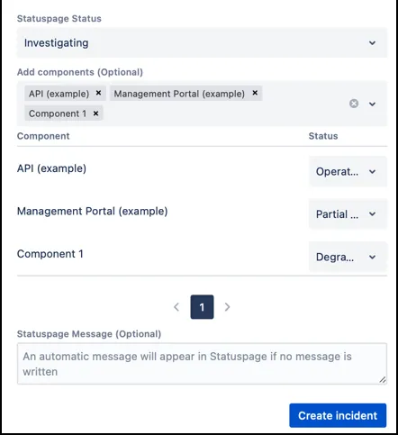 Statuspage component selection dialog showing the Add Components dropdown and status options for each component