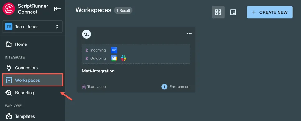 The Workspaces option shown in the left-hand sidebar of the ScriptRunner Connect app.