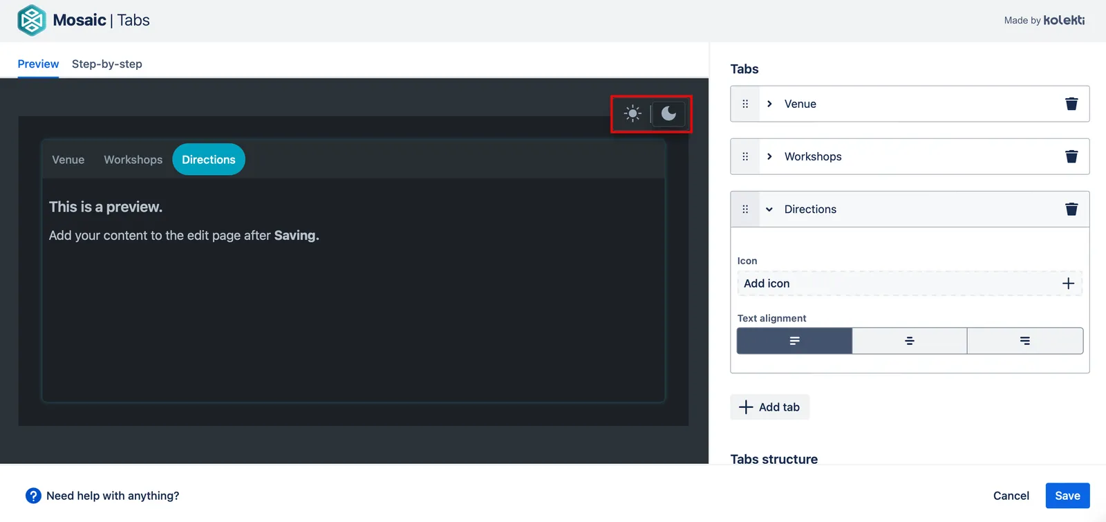 Macro preview screen showing theme toggle options