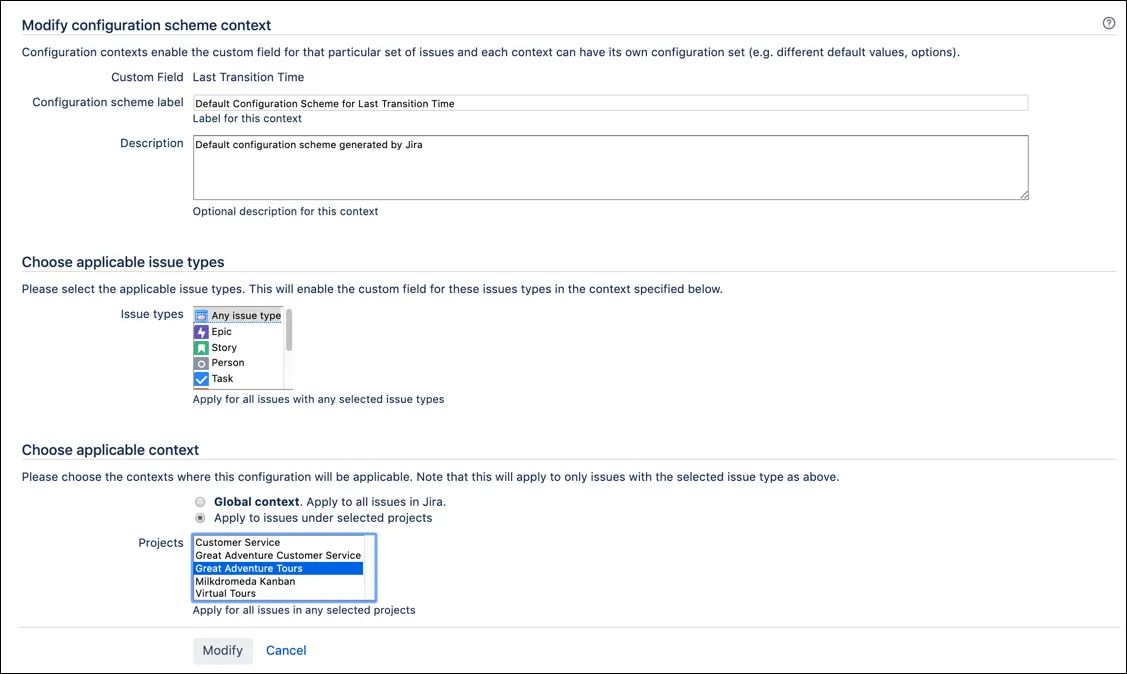 Example of configuring context to restrict the script field to selected projects in Jira