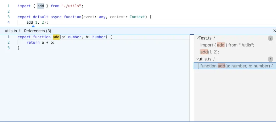 Screenshot of a code editor displaying TypeScript code. The top pane shows a function importing and using 'add'. The bottom pane defines 'add(a, b)' to sum two numbers.