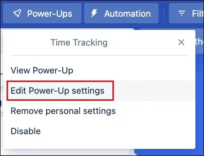 Power-up options pop-up in Trello showing the Edit Power-up Settings link for Threaded Comments