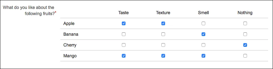Confluence page preview showing the final Checkbox Matrix with multiple questions and checkbox options arranged in a table