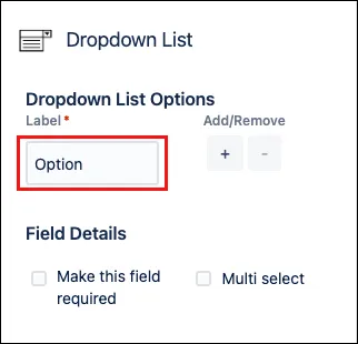 Form builder dropdown configuration showing the first list option labeled Option ready to be edited.
