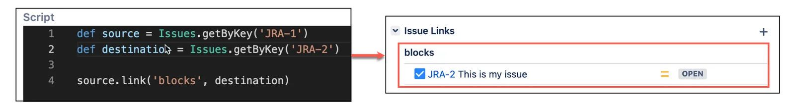 Example of two issues linked together in the HAPI interface
