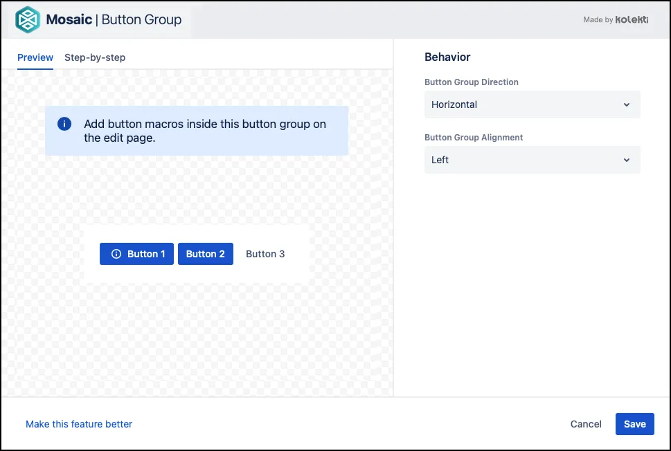 Button Group Alignment dropdown showing options for left, center, and right alignment in the Confluence Select Macro screen