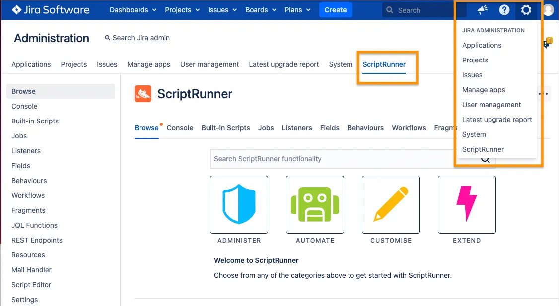 ScriptRunner for Jira menu options shown under the Jira Admin cog and in the administration navigation menu