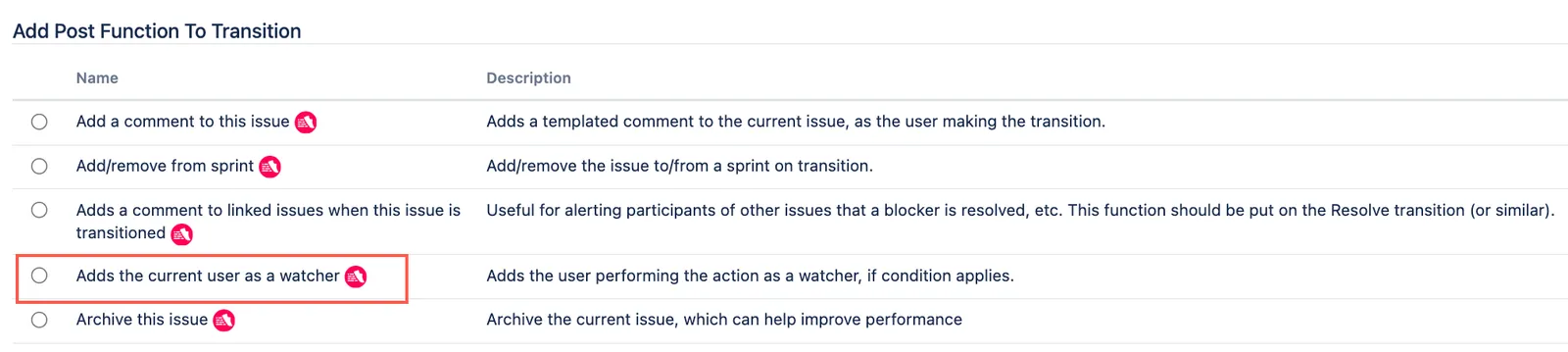 Adds the current user as a watcher post function selected.