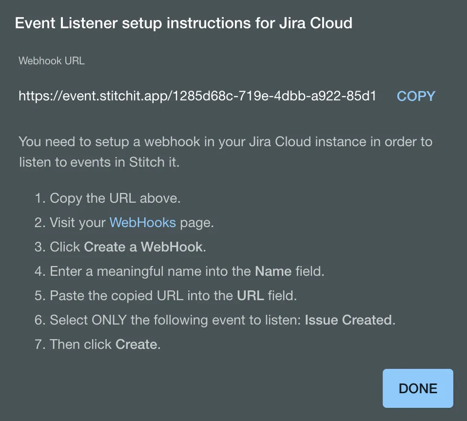 The Event Listener setup instructions for Jira Cloud.
