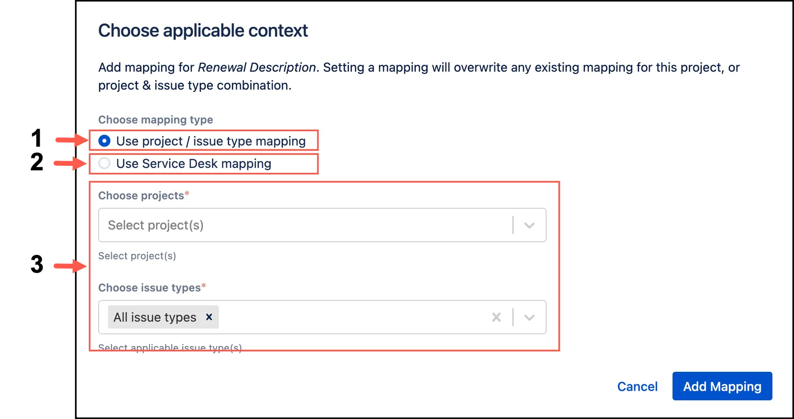 Add Mapping dialog showing project and issue type mapping options, including Service Desk mappings