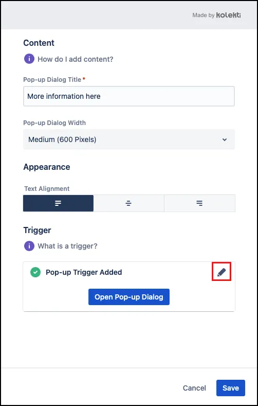 Pop-up Dialog macro configuration screen with the trigger appearance edit icon highlighted.
