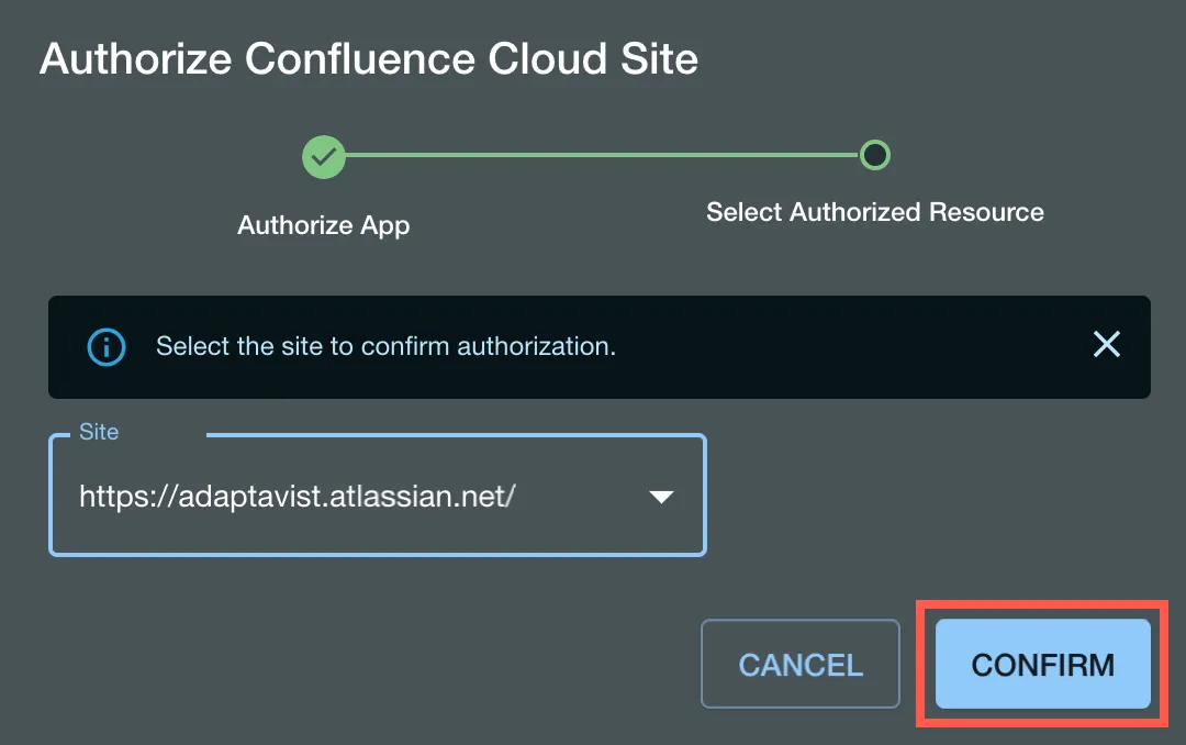 The Confirm button highlighted in the Authorization dialog.