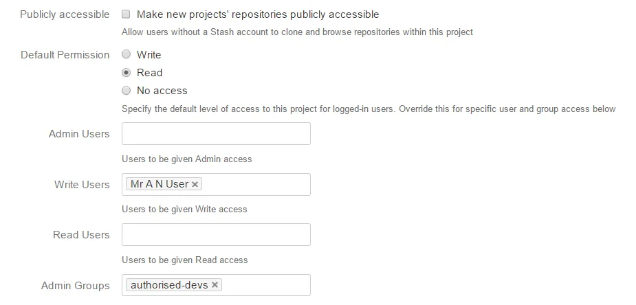 Example configuration of default project permissions showing base permission set to Read, with authorised-devs group and Mr A N User assigned