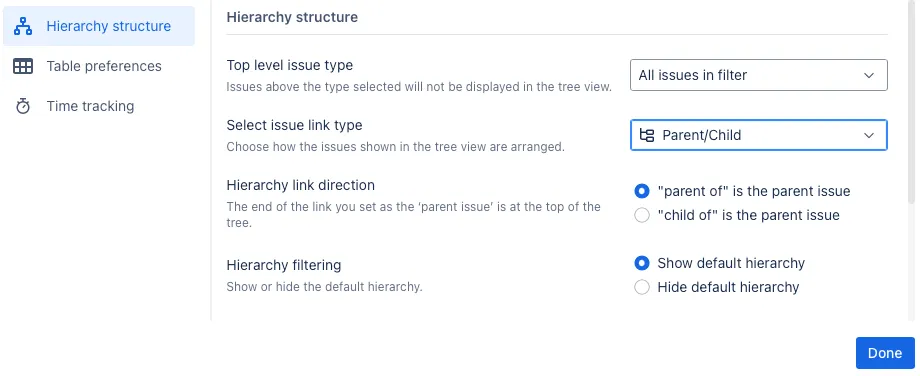 A screenshot showing the Select Issue Link Type dropdown in the Settings modal window.