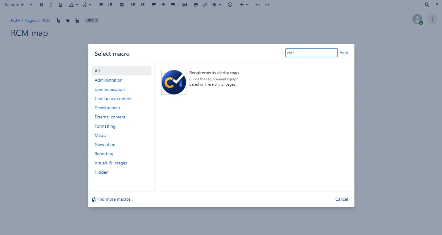 Requirement Clarity Map macro selected from the Other macros dialog in Confluence
