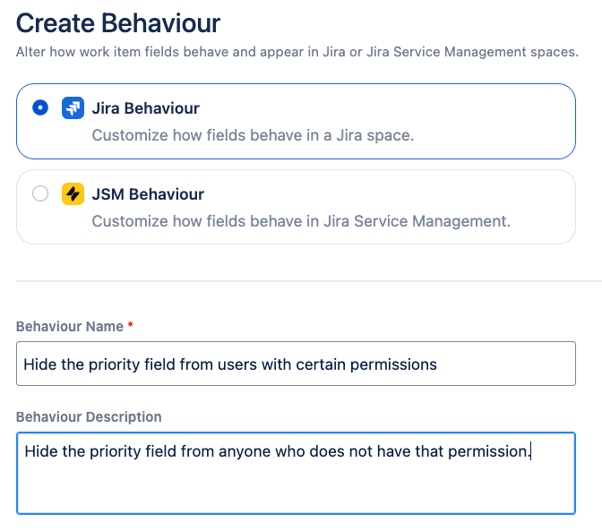 Screen showing the Create Behaviour page with fields for name, description, spaces, work types, and enable behaviour option