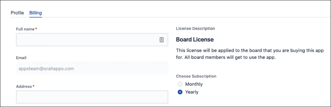Billing cycle selection screen in the Orah store showing Monthly and Yearly license options