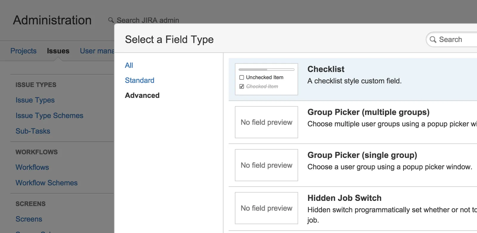 JIRA Add Custom Field dialog with Advanced menu selected and Checklist custom field type highlighted