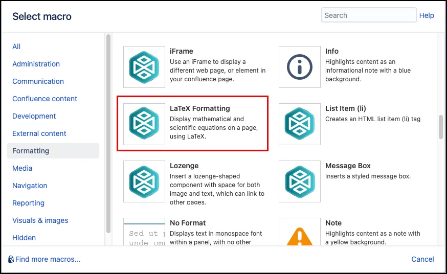 Macro Browser showing the LaTeX Formatting macro selected