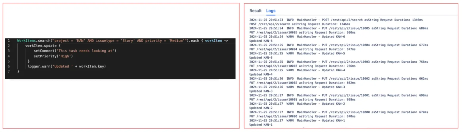 Example of updating all returned work items using a search query and the workItem.update method