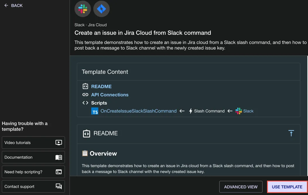 The Use Template option highlighted for the Create an issue in Jira Cloud from Slack command template.