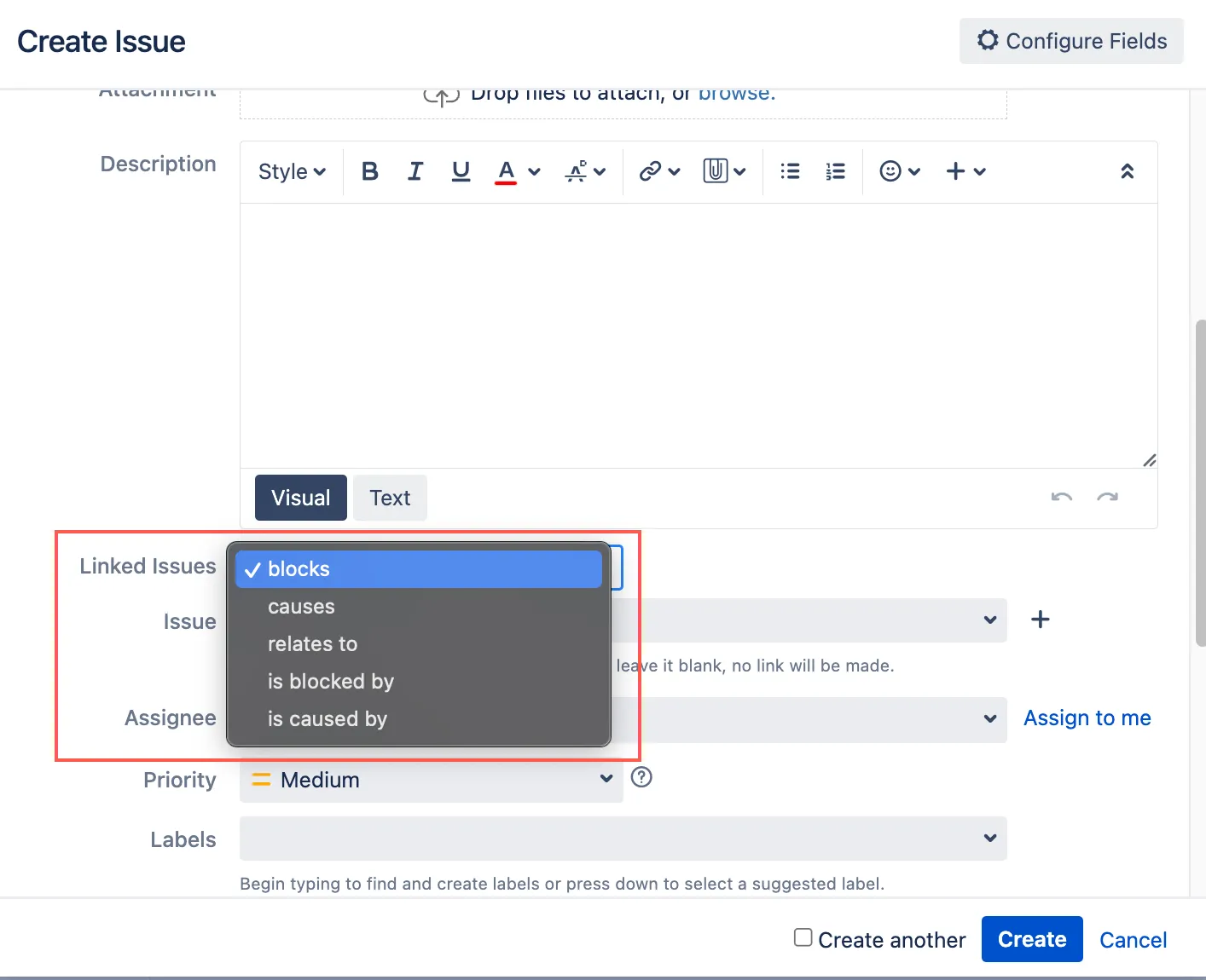 Issue link type dropdown showing only the approved link types.