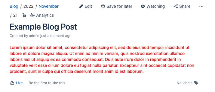 An example blog post with red body text, which results from performing this task.